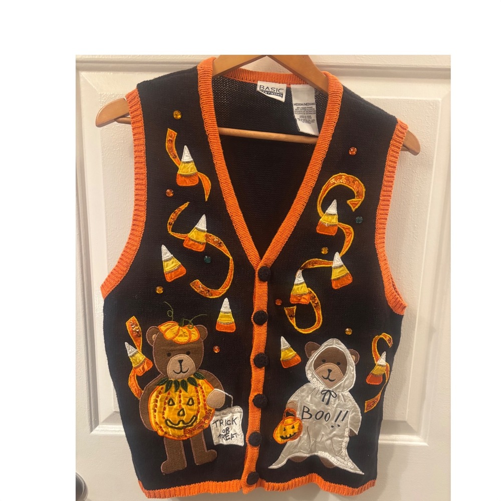 Vtg. Basic Editions Halloween Sweater Vest Black Orange Bears CandyCorn Women M